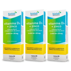 Kit 3 Caixas | Vitamina D3 2000ui + Zinco 20mg Biolab 30 Cápsulas